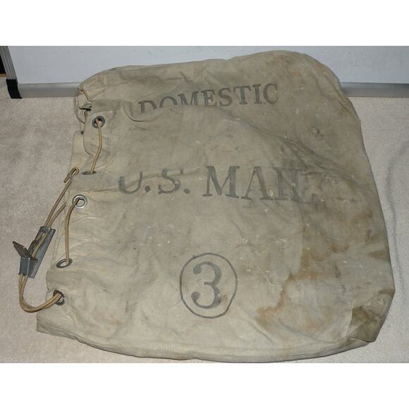 Vtg U.S. Domestic 3 Canvas Mail Bag 4-80 Drawstring Metal Lock Clip USPS Stained - Picture 1 of 4